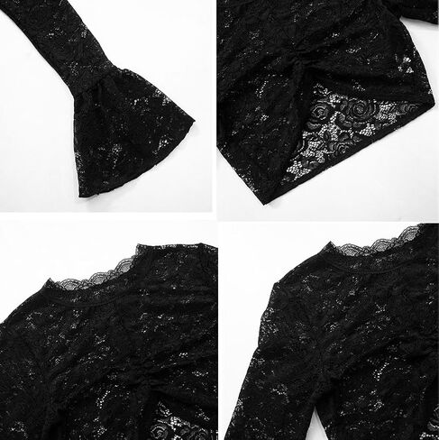 Women's Black Floral Lace Mesh See Through Crop Top Sexy Sheer Long Sleeve Top Blouses Cut Shirt in Saudi Arabia