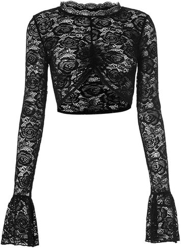Women's Black Floral Lace Mesh See Through Crop Top Sexy Sheer Long Sleeve Top Blouses Cut Shirt in Saudi Arabia