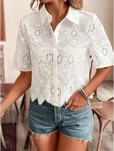 Women's Elegant White Lace-Trimmed Blouse with Floral Pattern, Button-Up Collar Shirt, Perfect for Spring/Summer in Kuwait