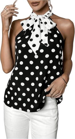Milumia Women's Polka Dots Color Block Bow Tie Front Blouse Elegant Sleeveless Work Office Shirt Top in Kuwait
