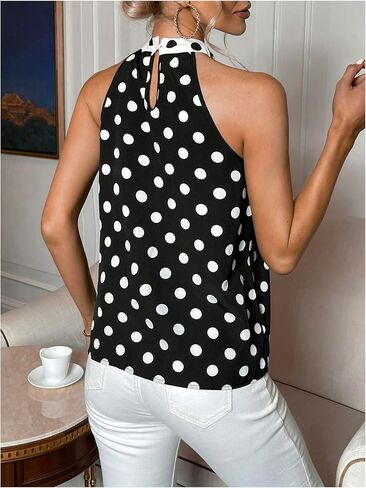Milumia Women's Polka Dots Color Block Bow Tie Front Blouse Elegant Sleeveless Work Office Shirt Top in Kuwait