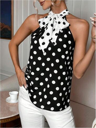 Milumia Women's Polka Dots Color Block Bow Tie Front Blouse Elegant Sleeveless Work Office Shirt Top in Kuwait