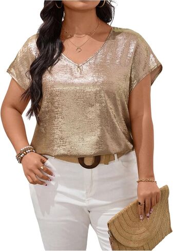 OYOANGLE Women's Plus Size Metallic Shiny V Neck Short Sleeve Blouse Party Date Night Going Out Tops in Kuwait