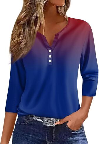 Womens Tops 3/4 Sleeve Henley Shirts for Women Three Quarter Sleeve Tshirts Summer Outfits Fashion Clothing in Kuwait