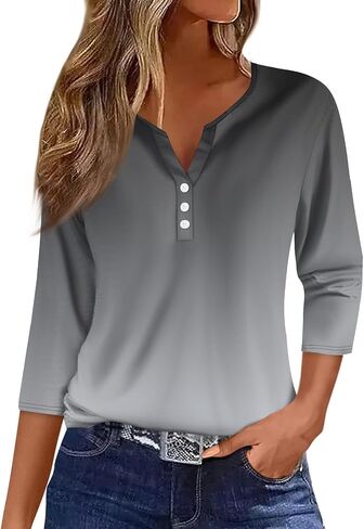 Womens Tops 3/4 Sleeve Henley Shirts for Women Three Quarter Sleeve Tshirts Summer Outfits Fashion Clothing in Kuwait