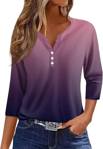 Womens Tops 3/4 Sleeve Henley Shirts for Women Three Quarter Sleeve Tshirts Summer Outfits Fashion Clothing in Kuwait