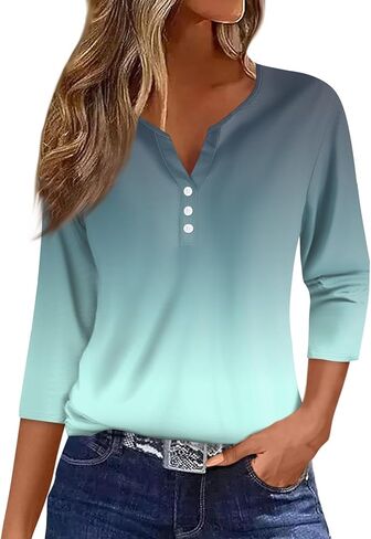 Womens Tops 3/4 Sleeve Henley Shirts for Women Three Quarter Sleeve Tshirts Summer Outfits Fashion Clothing in Kuwait