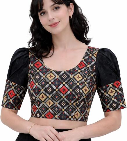 Women's Printed Strechable Saree Blouse with Puff Sleeves, Round Neck, Diamond Pattern in Kuwait