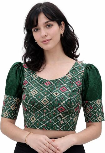 Women's Printed Strechable Saree Blouse with Puff Sleeves, Round Neck, Diamond Pattern in Kuwait