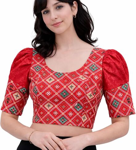 Women's Printed Strechable Saree Blouse with Puff Sleeves, Round Neck, Diamond Pattern in Kuwait