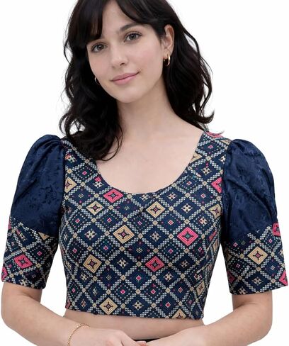 Women's Printed Strechable Saree Blouse with Puff Sleeves, Round Neck, Diamond Pattern in Kuwait