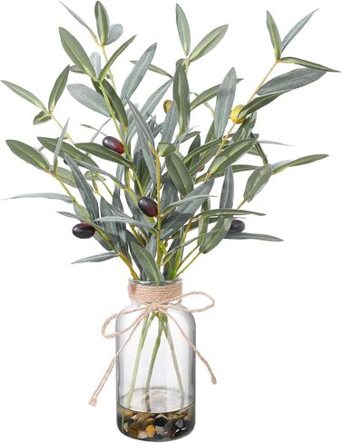 15.74" Artificial Olive Branches in Glass Vase with Faux Water & Natural Stones, Lifelike Fake Greenery for Modern Farmhouse Home Decor, Bathroom decor, Office Desk Centerpiece, Housewarming Gift in Saudi Arabia