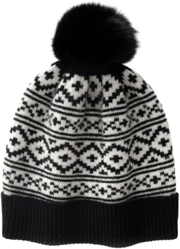100% Pure Cashmere Ribbed Cuffed Hat; Fair Isle Winter Beanie Hat Nordic Snowflake Pattern with Pom Pom Caps ZX112 in Saudi Arabia