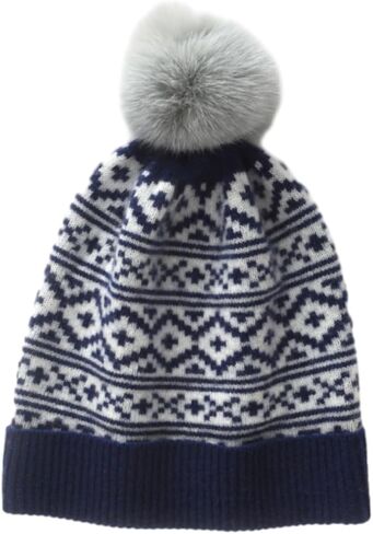 100% Pure Cashmere Ribbed Cuffed Hat; Fair Isle Winter Beanie Hat Nordic Snowflake Pattern with Pom Pom Caps ZX112 in Saudi Arabia