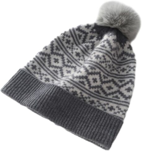 100% Pure Cashmere Ribbed Cuffed Hat; Fair Isle Winter Beanie Hat Nordic Snowflake Pattern with Pom Pom Caps ZX112 in Saudi Arabia
