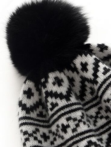 100% Pure Cashmere Ribbed Cuffed Hat; Fair Isle Winter Beanie Hat Nordic Snowflake Pattern with Pom Pom Caps ZX112 in Saudi Arabia