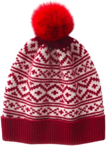100% Pure Cashmere Ribbed Cuffed Hat; Fair Isle Winter Beanie Hat Nordic Snowflake Pattern with Pom Pom Caps ZX112 in Saudi Arabia