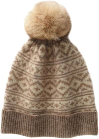 100% Pure Cashmere Ribbed Cuffed Hat; Fair Isle Winter Beanie Hat Nordic Snowflake Pattern with Pom Pom Caps ZX112 in Saudi Arabia