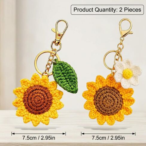 2Pcs Sunflower Keychain Set, Sunflower Bag Charm, Crochet Keychain with Daisy Accent, Handmade Floral Accessory for Bag Personalization and Gift Giving in Saudi Arabia