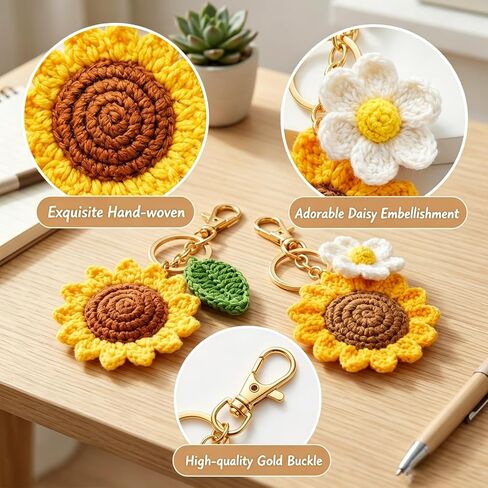 2Pcs Sunflower Keychain Set, Sunflower Bag Charm, Crochet Keychain with Daisy Accent, Handmade Floral Accessory for Bag Personalization and Gift Giving in Saudi Arabia