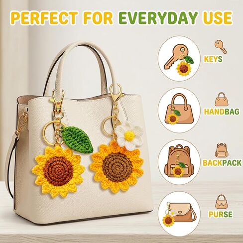 2Pcs Sunflower Keychain Set, Sunflower Bag Charm, Crochet Keychain with Daisy Accent, Handmade Floral Accessory for Bag Personalization and Gift Giving in Saudi Arabia