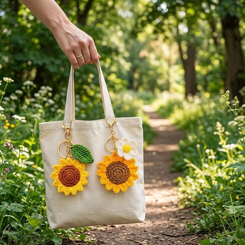 2Pcs Sunflower Keychain Set, Sunflower Bag Charm, Crochet Keychain with Daisy Accent, Handmade Floral Accessory for Bag Personalization and Gift Giving in Saudi Arabia