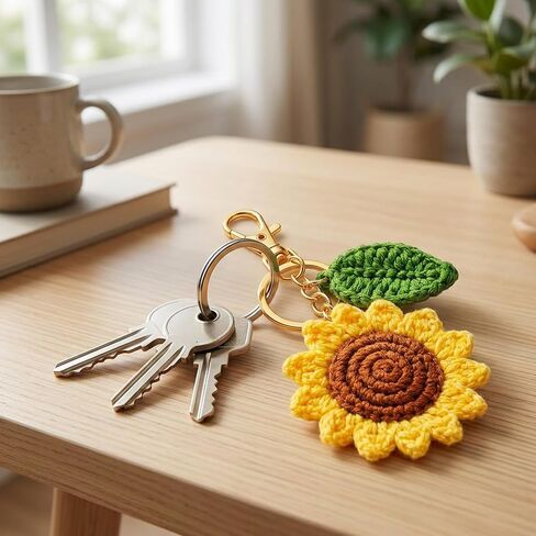 2Pcs Sunflower Keychain Set, Sunflower Bag Charm, Crochet Keychain with Daisy Accent, Handmade Floral Accessory for Bag Personalization and Gift Giving in Saudi Arabia
