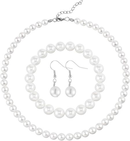 3 Pcs Pearl Jewelry Set for Women, Including Pearl Bracelets, Pearls Earrings and Pearls Necklaces for Women, Stylish Jewelry Accessories for Brides, Weddings, Mothers, Wives, Sisters, Best Friends in Kuwait