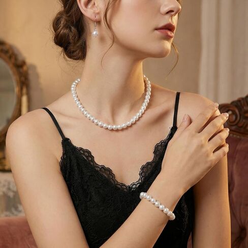 3 Pcs Pearl Jewelry Set for Women, Including Pearl Bracelets, Pearls Earrings and Pearls Necklaces for Women, Stylish Jewelry Accessories for Brides, Weddings, Mothers, Wives, Sisters, Best Friends in Kuwait