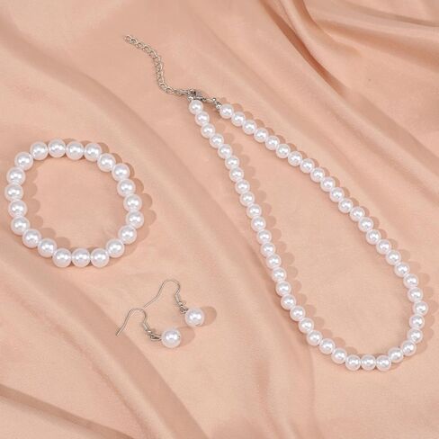 3 Pcs Pearl Jewelry Set for Women, Including Pearl Bracelets, Pearls Earrings and Pearls Necklaces for Women, Stylish Jewelry Accessories for Brides, Weddings, Mothers, Wives, Sisters, Best Friends in Kuwait