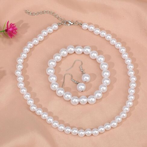3 Pcs Pearl Jewelry Set for Women, Including Pearl Bracelets, Pearls Earrings and Pearls Necklaces for Women, Stylish Jewelry Accessories for Brides, Weddings, Mothers, Wives, Sisters, Best Friends in Kuwait