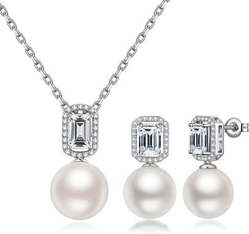 925 Sterling Silver Pearl Jewelry Set for Women, Glossy Simulated Pearl Earrings and Necklace Jewelry Set for Birthday,Wedding,Anniversary Chain 18inch, Jewelry Gift for Women in Saudi Arabia