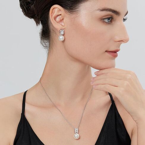 925 Sterling Silver Pearl Jewelry Set for Women, Glossy Simulated Pearl Earrings and Necklace Jewelry Set for Birthday,Wedding,Anniversary Chain 18inch, Jewelry Gift for Women in Saudi Arabia