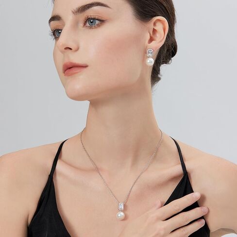 925 Sterling Silver Pearl Jewelry Set for Women, Glossy Simulated Pearl Earrings and Necklace Jewelry Set for Birthday,Wedding,Anniversary Chain 18inch, Jewelry Gift for Women in Saudi Arabia