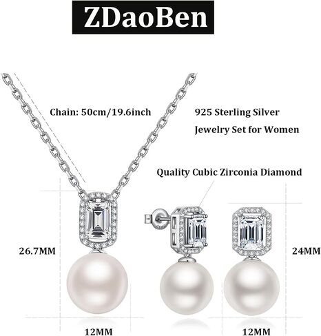 925 Sterling Silver Pearl Jewelry Set for Women, Glossy Simulated Pearl Earrings and Necklace Jewelry Set for Birthday,Wedding,Anniversary Chain 18inch, Jewelry Gift for Women in Saudi Arabia