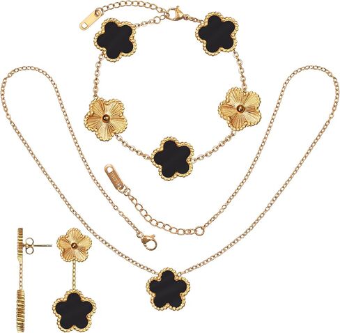 Five Leaf Lucky Clover Jewelry Set - 15MM Large Complete Necklace, Bracelet & Stud Earrings Gift Set for Women in Saudi Arabia
