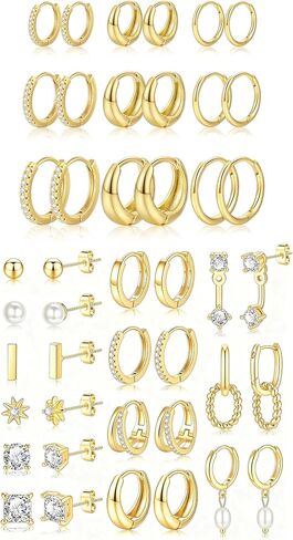 9 Pairs 14K Plated Gold Huggie Hoop Earrings Sets for Women & 13 Pairs 14K Plated Gold Earrings Set for Women in Saudi Arabia