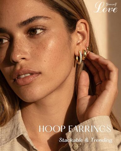 9 Pairs 14K Plated Gold Huggie Hoop Earrings Sets for Women & 13 Pairs 14K Plated Gold Earrings Set for Women in Saudi Arabia