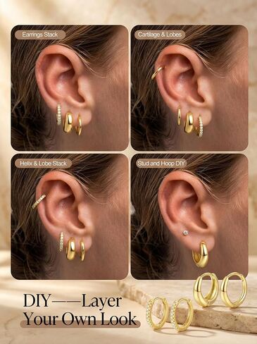 9 Pairs 14K Plated Gold Huggie Hoop Earrings Sets for Women & 13 Pairs 14K Plated Gold Earrings Set for Women in Saudi Arabia