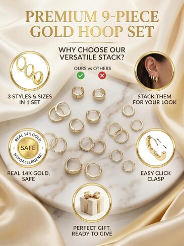 9 Pairs 14K Plated Gold Huggie Hoop Earrings Sets for Women & 13 Pairs 14K Plated Gold Earrings Set for Women in Saudi Arabia
