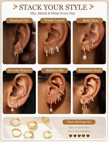9 Pairs 14K Plated Gold Huggie Hoop Earrings Sets for Women & 13 Pairs 14K Plated Gold Earrings Set for Women in Saudi Arabia