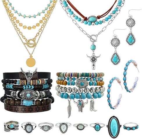 Bohemian Turquoise Jewelry Set for Women Vintage Turquoise Western Teal Jewelry Drop Earrings Layered Beade Ox-head Cow Head Western Necklaces Bracelet Knuckle Rings Boho Country Concert Cowgirl Dresses Accessories in Saudi Arabia