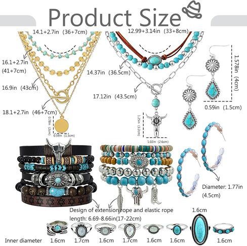 Bohemian Turquoise Jewelry Set for Women Vintage Turquoise Western Teal Jewelry Drop Earrings Layered Beade Ox-head Cow Head Western Necklaces Bracelet Knuckle Rings Boho Country Concert Cowgirl Dresses Accessories in Saudi Arabia