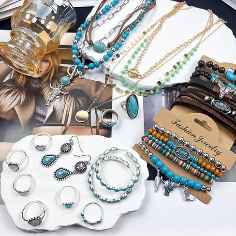 Bohemian Turquoise Jewelry Set for Women Vintage Turquoise Western Teal Jewelry Drop Earrings Layered Beade Ox-head Cow Head Western Necklaces Bracelet Knuckle Rings Boho Country Concert Cowgirl Dresses Accessories in Saudi Arabia