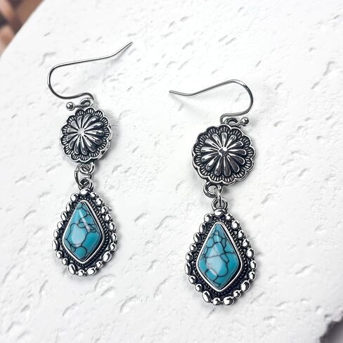 Bohemian Turquoise Jewelry Set for Women Vintage Turquoise Western Teal Jewelry Drop Earrings Layered Beade Ox-head Cow Head Western Necklaces Bracelet Knuckle Rings Boho Country Concert Cowgirl Dresses Accessories in Saudi Arabia