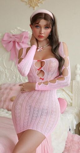 Women's Sexy Fishnet Bodystocking, One Size Long Sleeve Full Body Mesh Lingerie Hollow Teddy Jumpsuit Nightwear in Kuwait