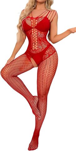 Women's Sexy Fishnet Bodystocking, One Size Long Sleeve Full Body Mesh Lingerie Hollow Teddy Jumpsuit Nightwear in Kuwait