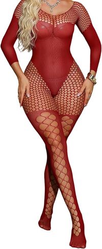 Women's Sexy Fishnet Bodystocking, One Size Long Sleeve Full Body Mesh Lingerie Hollow Teddy Jumpsuit Nightwear in Kuwait
