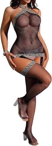 Women's Sexy Fishnet Bodystocking, One Size Long Sleeve Full Body Mesh Lingerie Hollow Teddy Jumpsuit Nightwear in Kuwait