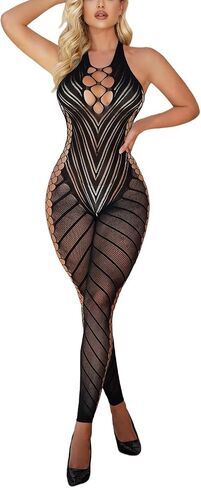 Women's Sexy Fishnet Bodystocking, One Size Long Sleeve Full Body Mesh Lingerie Hollow Teddy Jumpsuit Nightwear in Kuwait